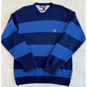 VTG Tommy Hilfiger Men Size L Shetland Wool Sweater Blue Stripe Crest Logo Y2K